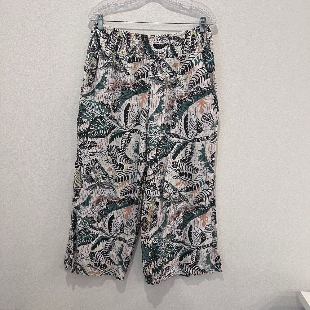 Tahari Linen Blend Wide-Leg Cropped Tropical Print Pants Elastic Waist Sz XL